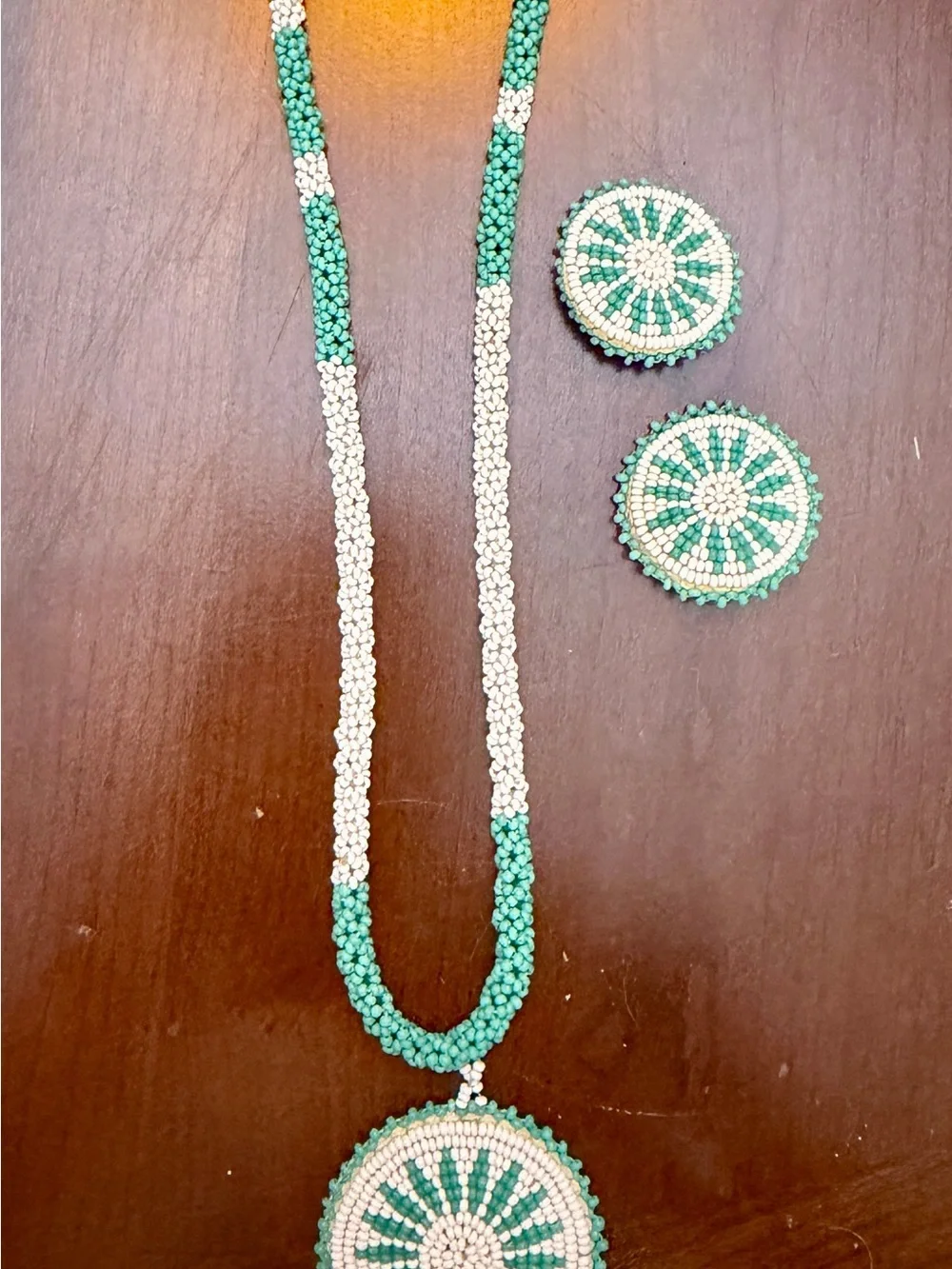 Turquoise and White Beaded Medallion Necklace Set